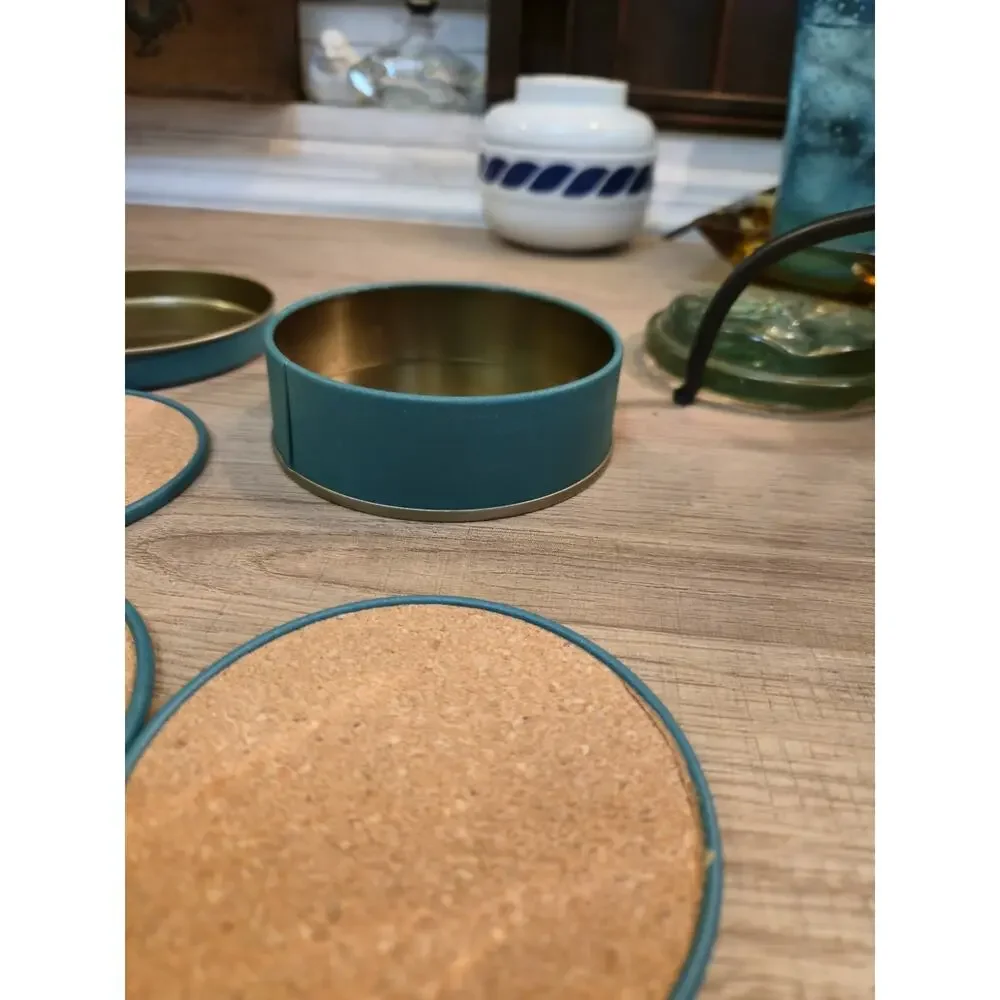 Vintage Set (4) Cork Back Coasters - City Artwork - Green Tin Container 652